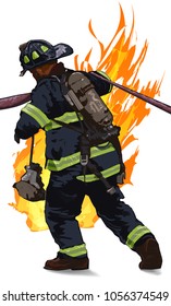 Firefighter drag the hose against the fire on a white background