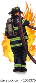 Firefighter drag the hose against the fire on a white background