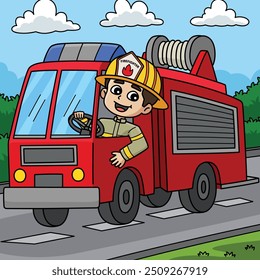 Firefighter Driving a Fire Truck Colored Cartoon 