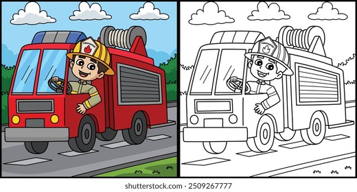 Firefighter Driving a Fire Truck Illustration