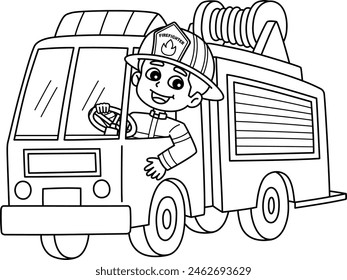 Firefighter Driving a Fire Truck Isolated Coloring