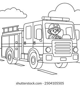 Firefighter Driving a Fire Truck Outline Coloring Page. Labor Day Colouring Page