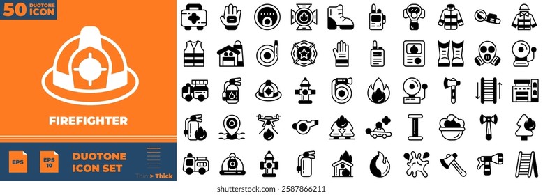 Firefighter Duotone Editable Icons set. Vector illustration in modern thin duotone style of firefighter icons: firefighter, fireman, fire, etc