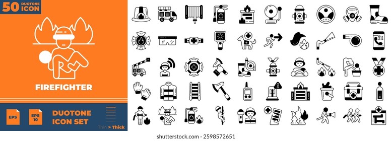 Firefighter Duotone Editable Icons set. Vector illustration in modern thin duotone style of firefighter icons: burning, flame, campfire, gas stove, etc