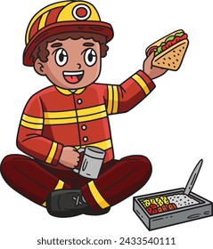 Firefighter Eating Lunch Cartoon Colored Clipart 