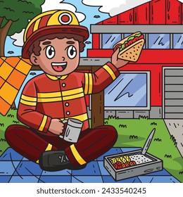 Firefighter Eating Lunch Colored Cartoon 