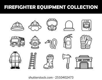 Firefighter element outline vector illustration set