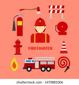 Firefighter element set isolated vector, character avatar and equpment icons set. 