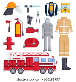Firefighter elements coloured fire department emergency icons safety equipment protection vector illustration.