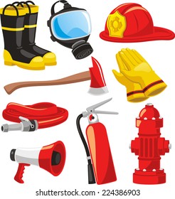 Fire-fighter elements set collection, including boots, mask, helmet, axe, gloves, hose, fire extinguisher, megaphone vector illustration.