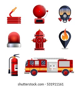 Firefighter elements set collection, including mask, hose, fire extinguisher, hydrant, location spot. fire engine car vector illustration.