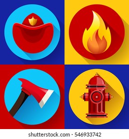 Firefighter elements set collection, including axe, fire flame protective helmet and hydrant vector illustration.