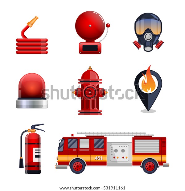 Firefighter elements set collection,\
including mask, hose, fire extinguisher, hydrant, location spot.\
fire engine car vector\
illustration.