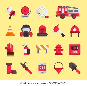 Firefighter elements vector fire department emergency icons and water safety car vehicle, mask, fire extinguisher equipment fireman protection illustration. Burning house flat emblem tool