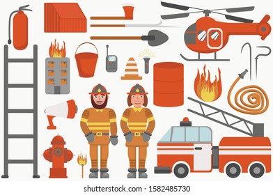 Firefighter elements vector. Fireman bundle illustration.