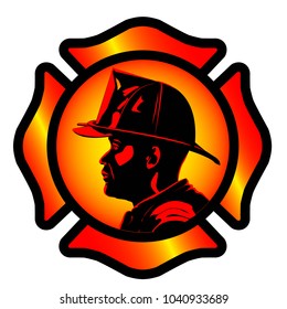 Firefighter emblem design with fireman wearing helmet