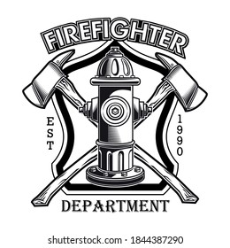 Firefighter emblem with hydrant vector illustration. Crossed axes and fire dept text. Rescue concept for firefighting or fire department badge template