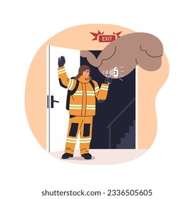 Firefighter in emergency, announcing danger, showing evacuation exit. Fire fighter, fireman with megaphone, bullhorn in alarm, alert. Flat graphic vector illustration isolated on white background