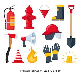 Firefighter emergency equipment set. Axe, hose, hydrant, extinguisher, safety traffic cone, spade fireman tools. Portable firefighter equipment for protection from flame spread. Vector illustration