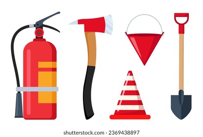 Equipo de emergencia para bomberos. Ax, manguera, hidrante, extintor, cono de tráfico de seguridad, herramientas de bomberos de pan. Equipo portátil de bomberos para la protección contra la propagación de llamas. Ilustración del vector