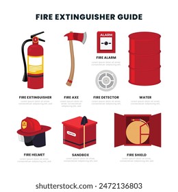 Firefighter emergency equipment set collection with fire extinguisher, fire axe, fire detector, alarm, water, helmet, sandbox and fire shield. firefighter equipment for protection from flame spread.