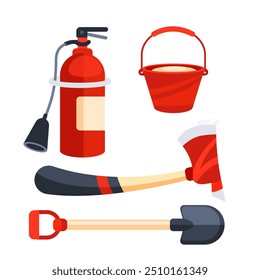 Firefighter emergency equipment set. Fire protection equipment. Firefighter tools.