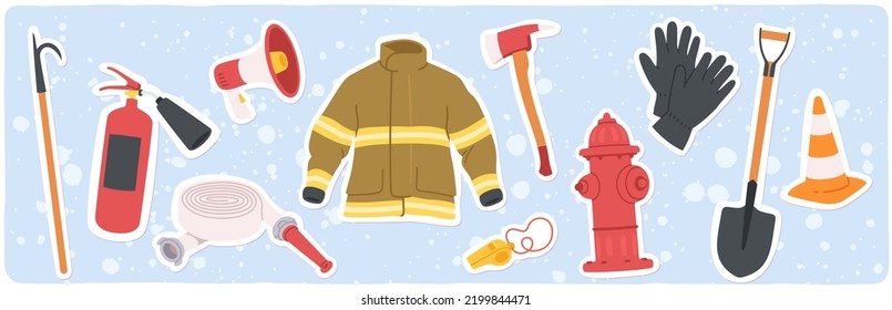 Firefighter emergency equipment stickers set. Axe, hose, hydrant, extinguisher, safety traffic cone, spade fireman tools. Fire fighting department service, protection flat vector illustration