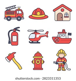 Firefighter emergency equipment vector icons.