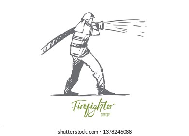 Firefighter, emergency, fire, helmet, rescue concept. Hand drawn firefighter in uniform concept sketch. Isolated vector illustration.