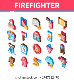 Firefighter Equipment Collection Icons Set Vector. Firefighter Man Silhouette In Mask, Extinguisher, Axe And Fire Department Truck Isometric Illustrations