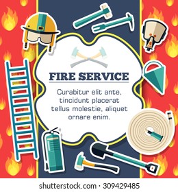 Firefighter equipment elements on red fire background poster in sticker style design. Vector illustration template card illustration concept 