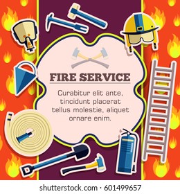 Firefighter equipment elements on red fire background poster in sticker style design. Vector illustration template card