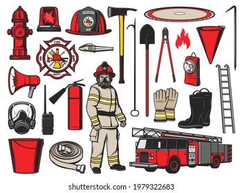 Firefighter equipment and fire fighting tools. Vector icons of fire department car, alarm, extinguisher and hydrant, hose, axe, helmet and truck, shovel, bucket and fireman badges, gloves and mask