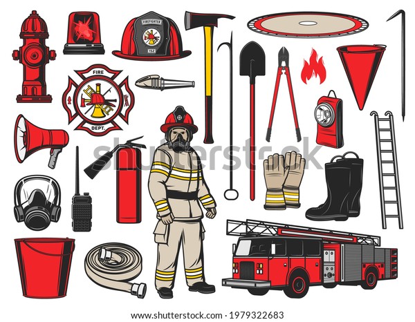 Firefighter equipment and fire fighting tools.\
Vector icons of fire department car, alarm, extinguisher and\
hydrant, hose, axe, helmet and truck, shovel, bucket and fireman\
badges, gloves and\
mask
