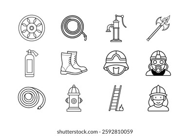 Firefighter Equipment Icons Hose, Boots, Helmet, Axe, Pump