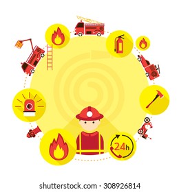 Firefighter and Equipment Icons Round Frame, Emergency, Vehicle