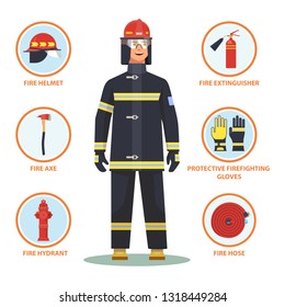 Firefighter with equipment like helmet and gloves, fire hose and hydrant, axe and extinguisher. Fireman with item infographic. Cartoon man in mask and waistcoat.  