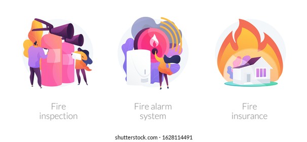 Firefighter equipment, notification technology control. Real estate damage compensation. Fire inspection, fire alarm system, fire insurance metaphors. Vector isolated concept metaphor illustrations