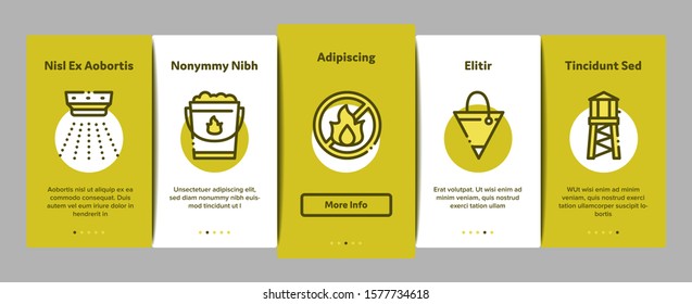Firefighter Equipment Onboarding Mobile App Page Screen. Firefighter Man Silhouette In Mask, Extinguisher, Axe And Fire Department Truck Concept Illustrations