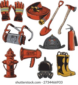 Firefighter Equipment Set, Fire Safety Gear and Emergency Rescue Tools Cartoon Illustration Collection