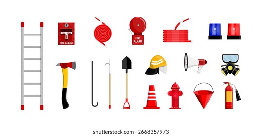 Firefighter equipment set flat style vector collection illustration. Fire safety tools for emergency and rescue service work.
