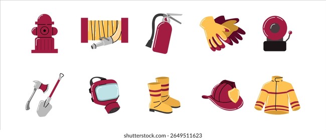 Equipamento de bombeiro, ferramenta de bombeiro e equipamento de proteção. equipamento de bombeiro incluindo capacetes, luvas, botas e outras ferramentas. Conjunto de vetores de bombeiro
