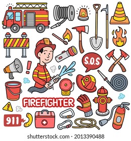 Firefighter equipments, colorful graphics elements and illustrations. Objects vector art such as fireman truck, hoses, roadblocks, fire alarms, hydrants, axe are included in this doodle cartoon set.