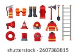 Firefighter equipments vector illustration set