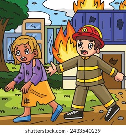 Firefighter Escorting a Survivor Colored Cartoon 