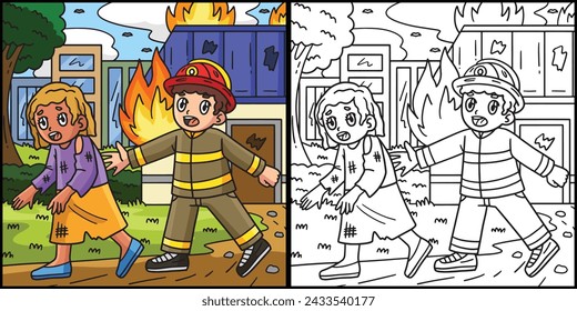Firefighter Escorting a Survivor Illustration