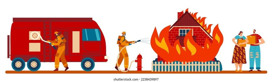 extinción de incendios en casa en llamas, víctimas de accidentes, ilustración de vectores