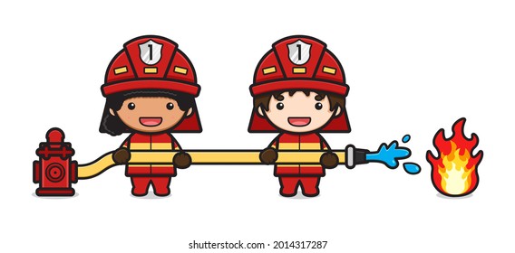 Firefighter extinguish the fire cartoon icon vector illustration. Design isolated flat cartoon style