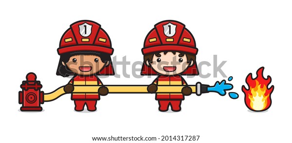 Firefighter extinguish the\
fire cartoon icon vector illustration. Design isolated flat cartoon\
style
