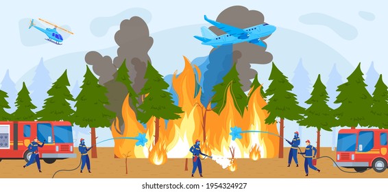 Firefighter extinguishes fire, emergency, danger, wildfire, fire brigade, dangerous teamwork, cartoon style, vector illustration.